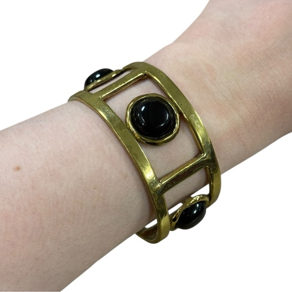 Vintage Gold Tone Black Cabochon Cuff Bracelet Statement 80s Art Deco Inspired - Picture 2 of 4
